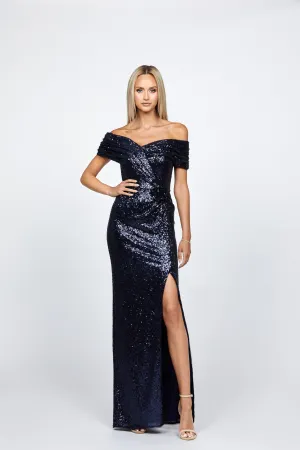 Evanie Draped Off Shoulder Sequin Gown