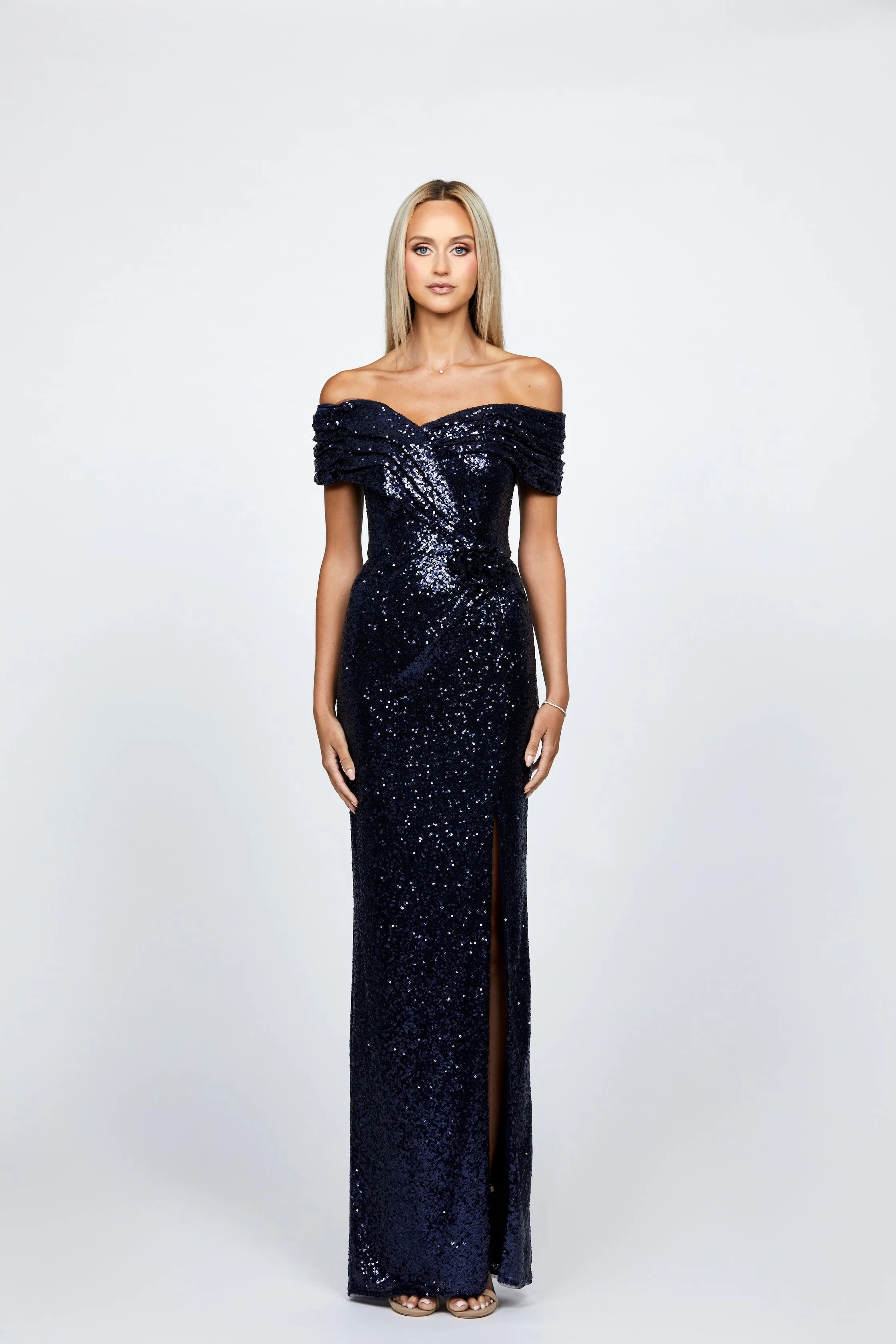 Evanie Draped Off Shoulder Sequin Gown