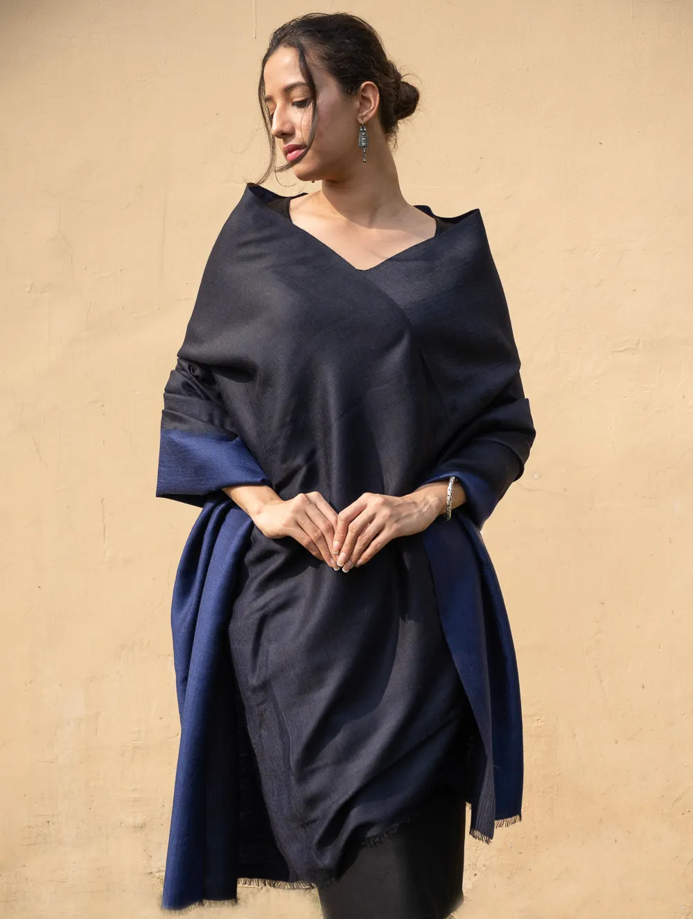 Exclusive Reversible Soft Kashmiri Wool Shawl - Deep Blue & Black