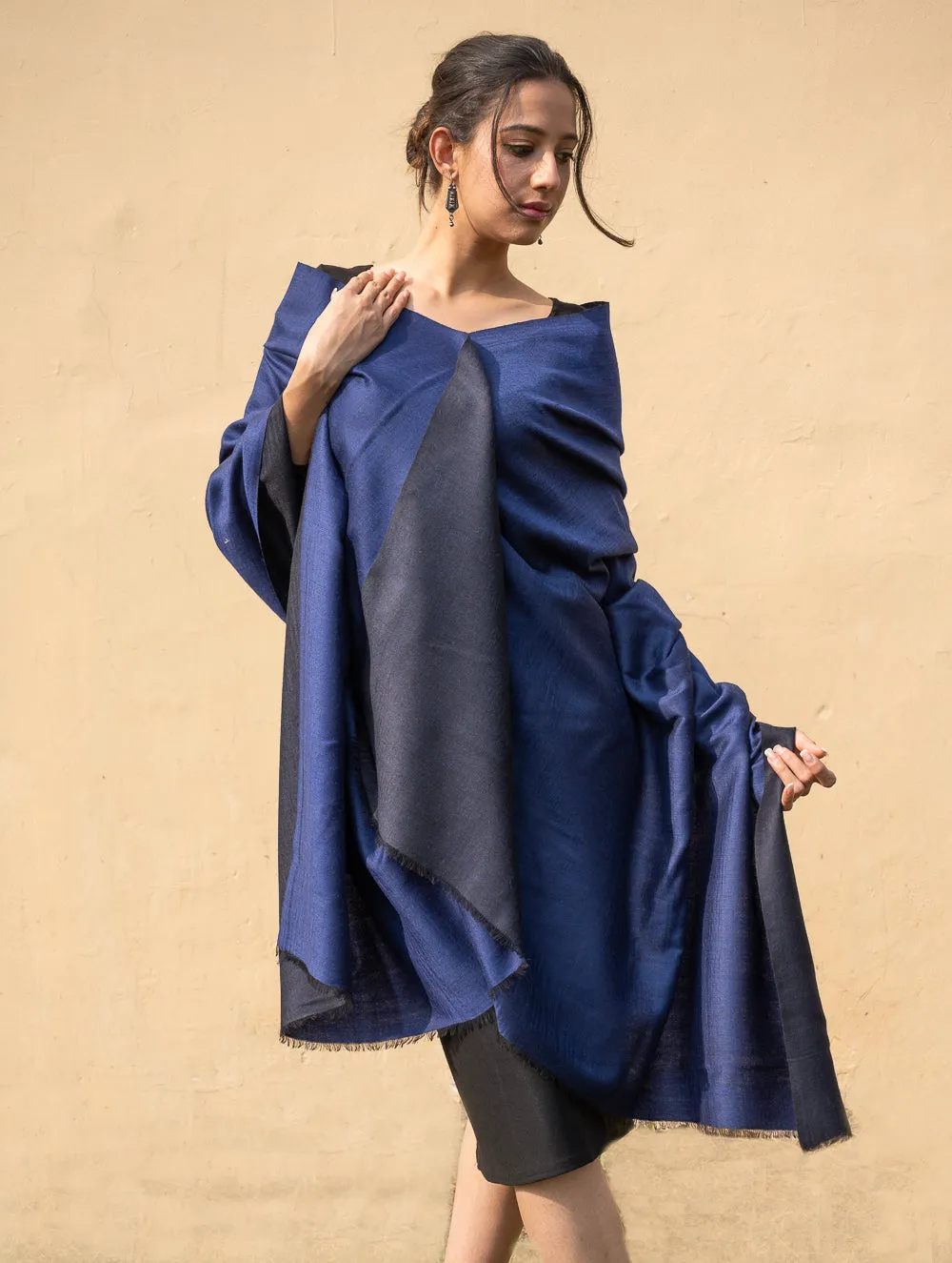 Exclusive Reversible Soft Kashmiri Wool Shawl - Deep Blue & Black