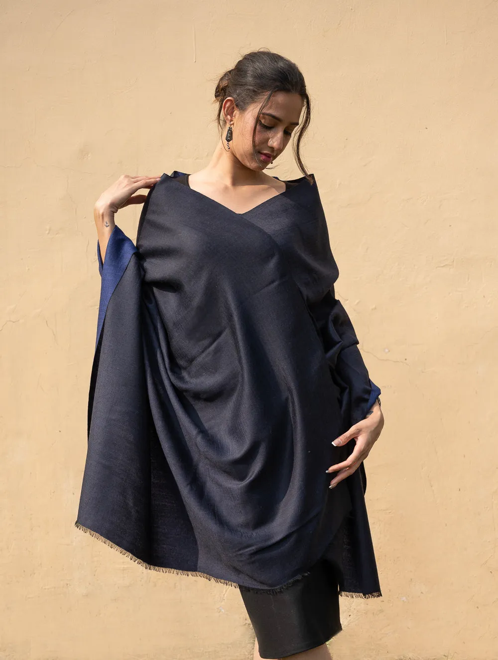 Exclusive Reversible Soft Kashmiri Wool Shawl - Deep Blue & Black