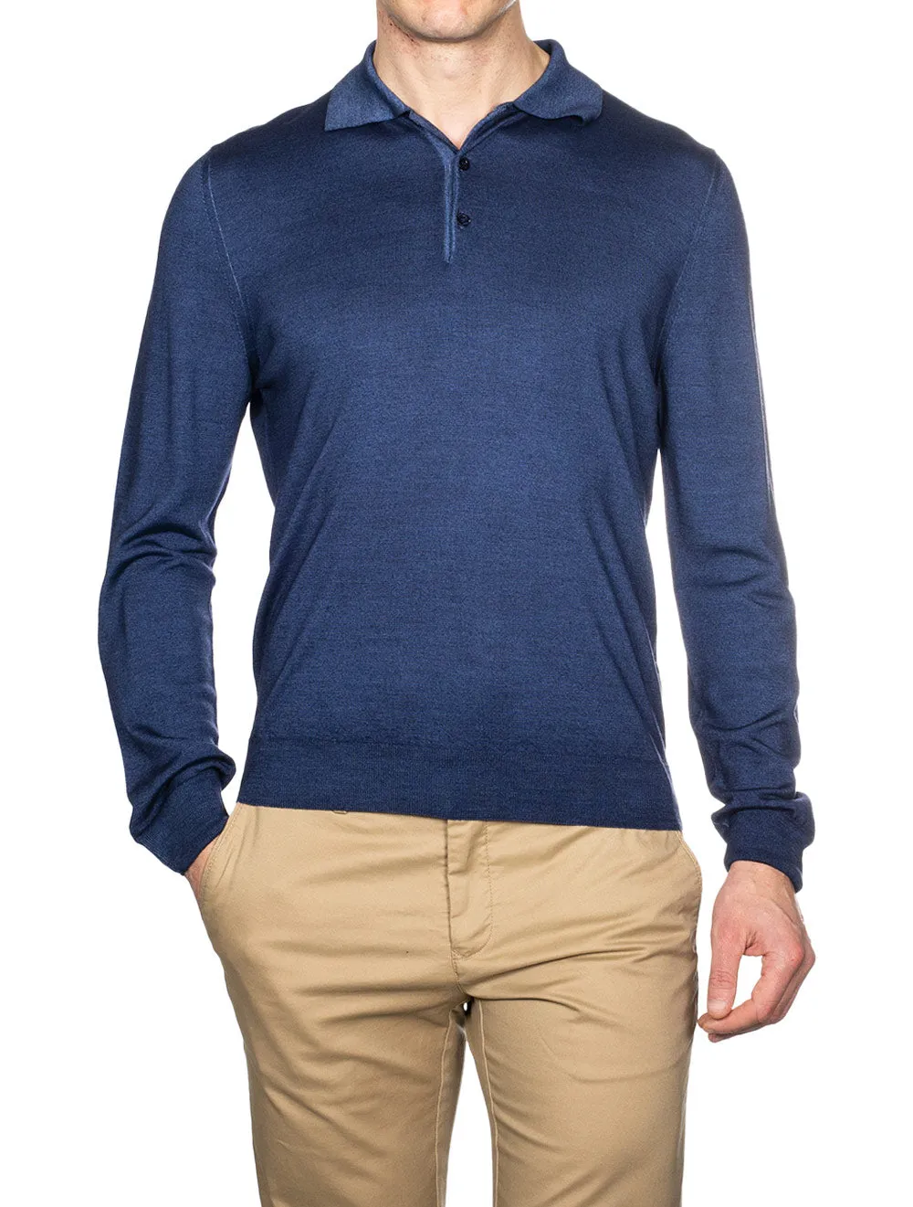 Exculsive Wool & Silk Long Sleeve Polo Blue