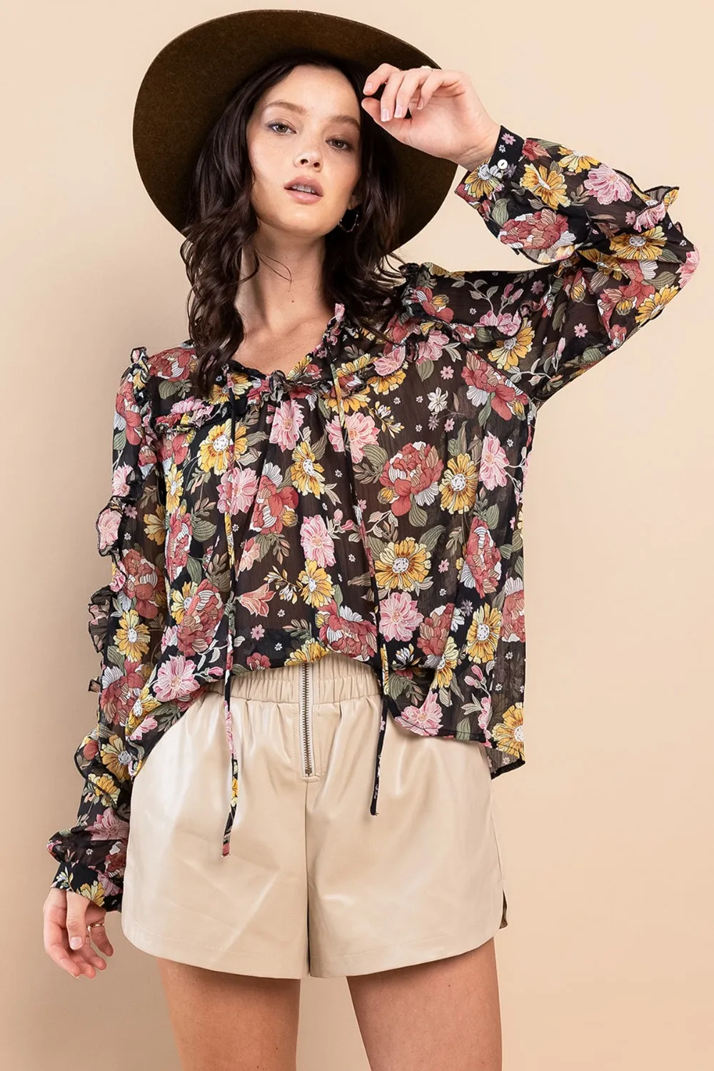 Explore More  Collection - Ces Femme Ruffle Trim Long Sleeve Floral Blouse