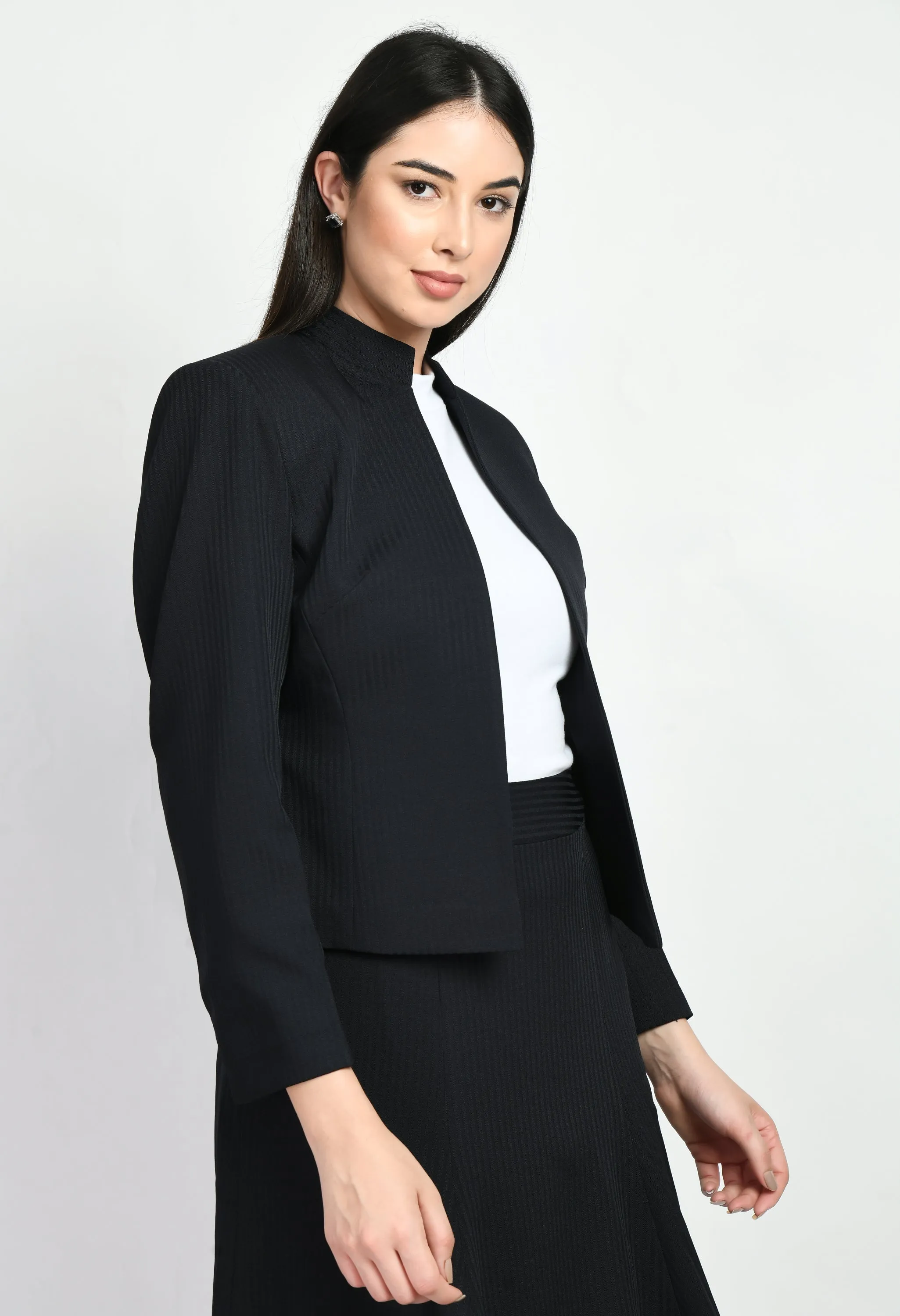 Exude Insight Striped Short Blazer Pencil Skirt Suit (Navy)