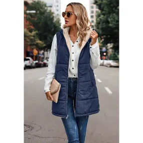 Faux Fur Long Puffer Vest - Navy