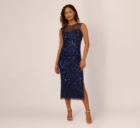 Floral Sequin Sleeveless Ankle Length Dress With Sheer Neckline In Light Navy