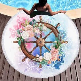 Flowery Helm Mandala Round Beach Towel