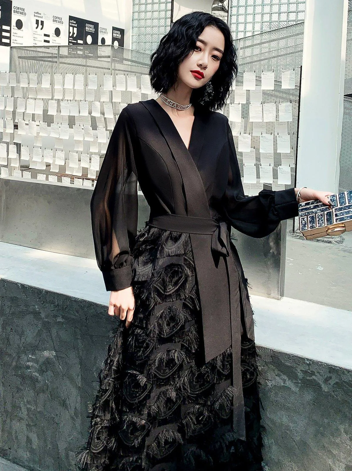 Formal Puff Sleeve Belted Maxi Dress