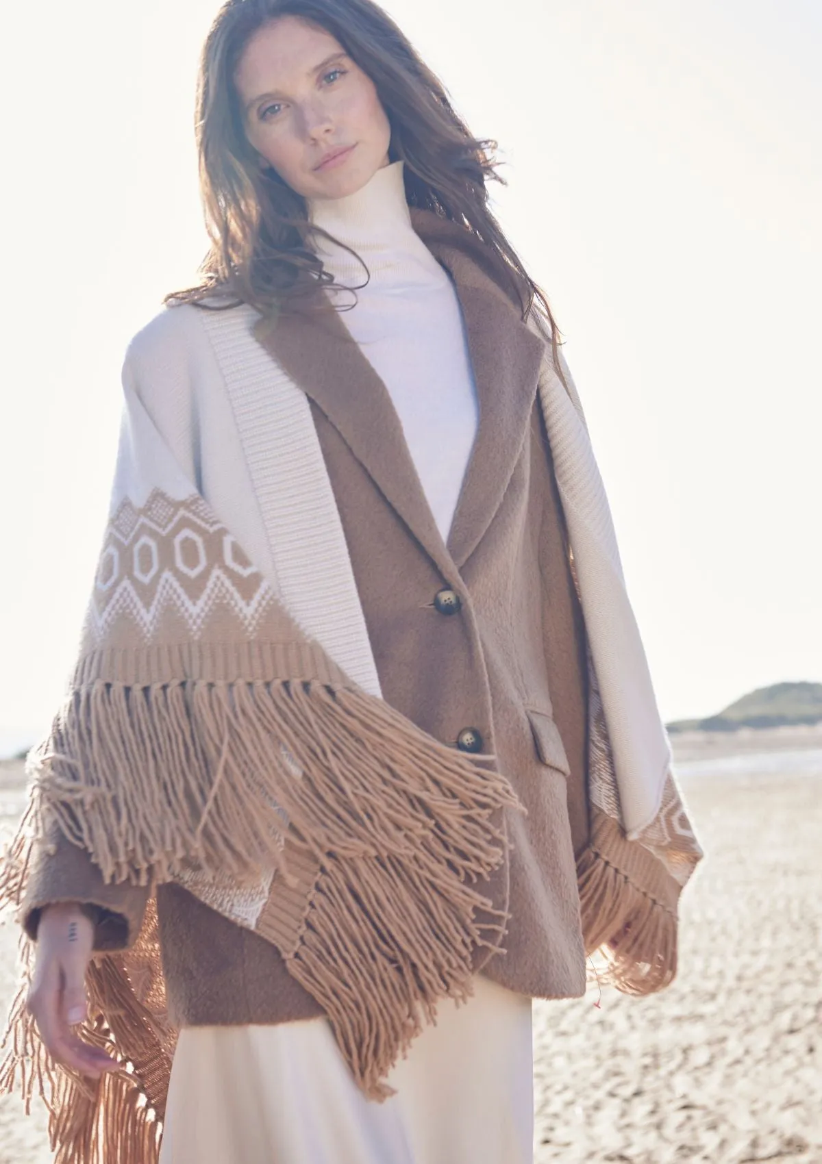 Fringed Cashmere Fair Isle Poncho in Praline/Chalk