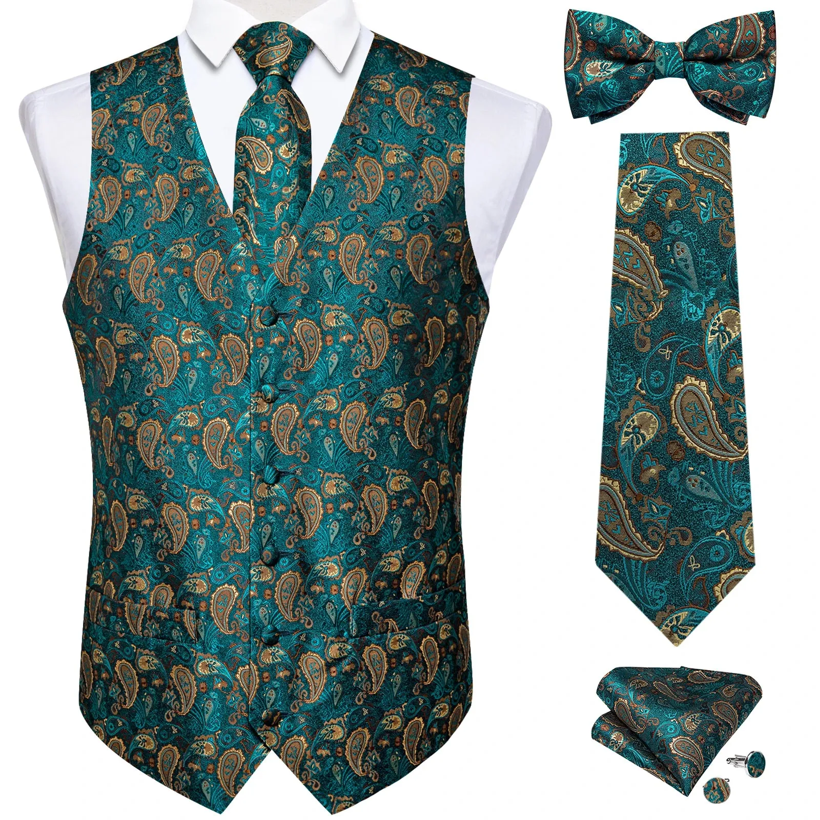 Funki Buys | Vests | Men's Formal 5 Pcs Silk Waistcoat Tie Sets