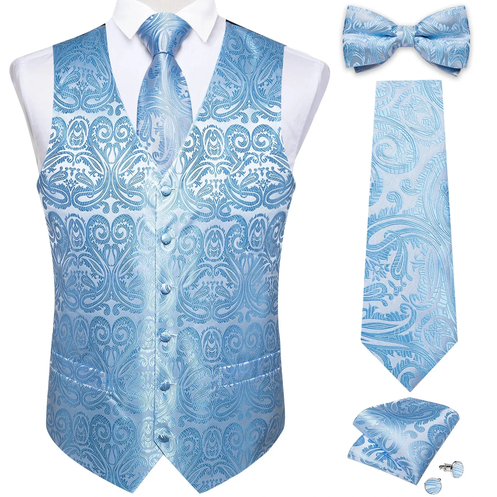 Funki Buys | Vests | Men's Formal 5 Pcs Silk Waistcoat Tie Sets