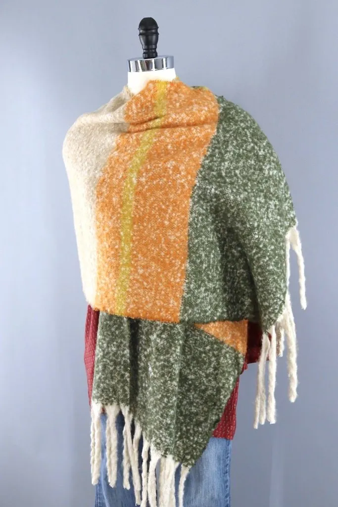 Fuzzy Oversized Scarf / Green & Mustard Stripes