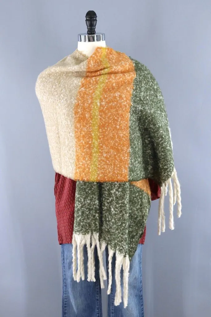 Fuzzy Oversized Scarf / Green & Mustard Stripes