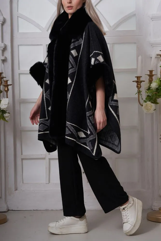 Geometric Print Faux Fur Poncho