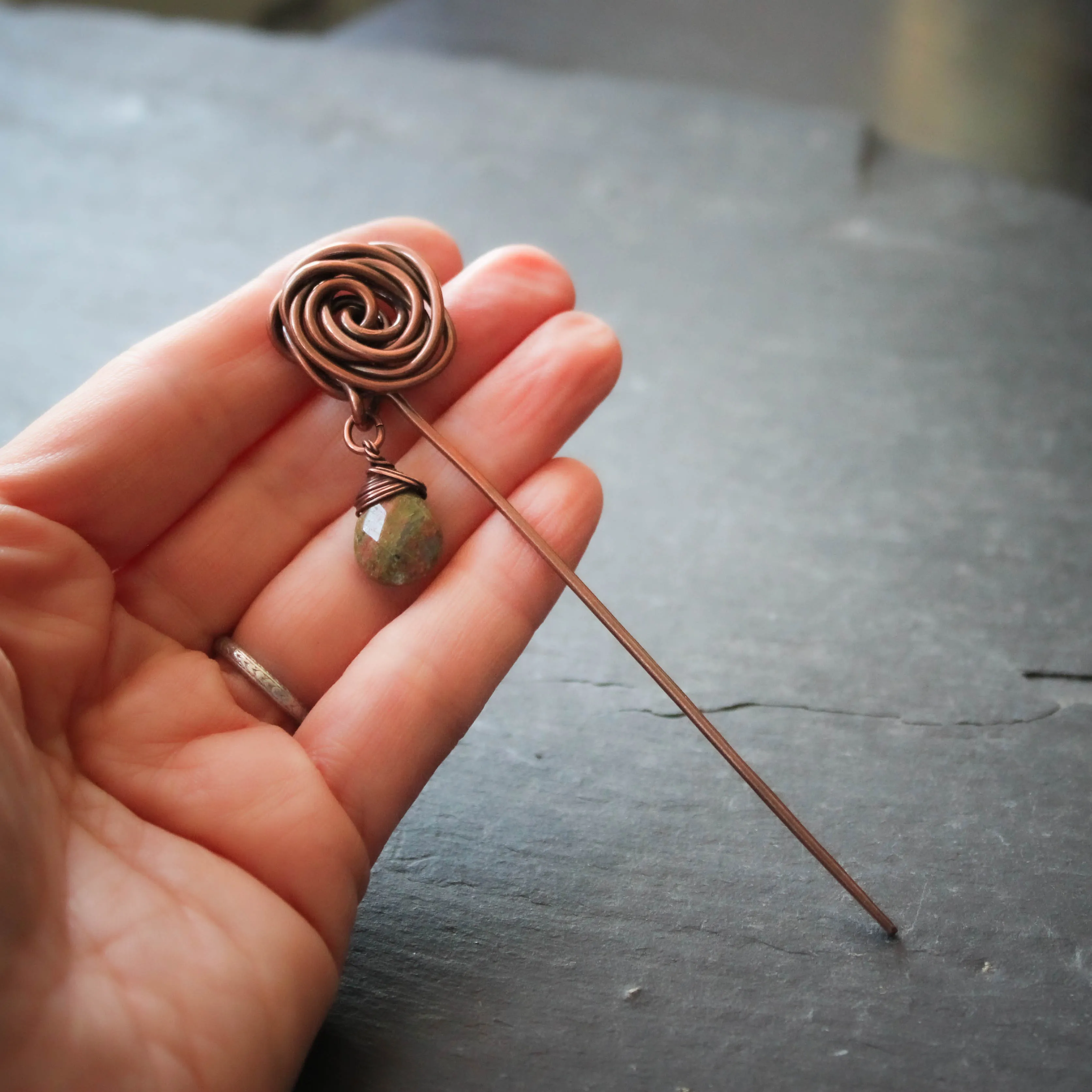 Glasgow Rose Shawl Pin with Unakite Drop