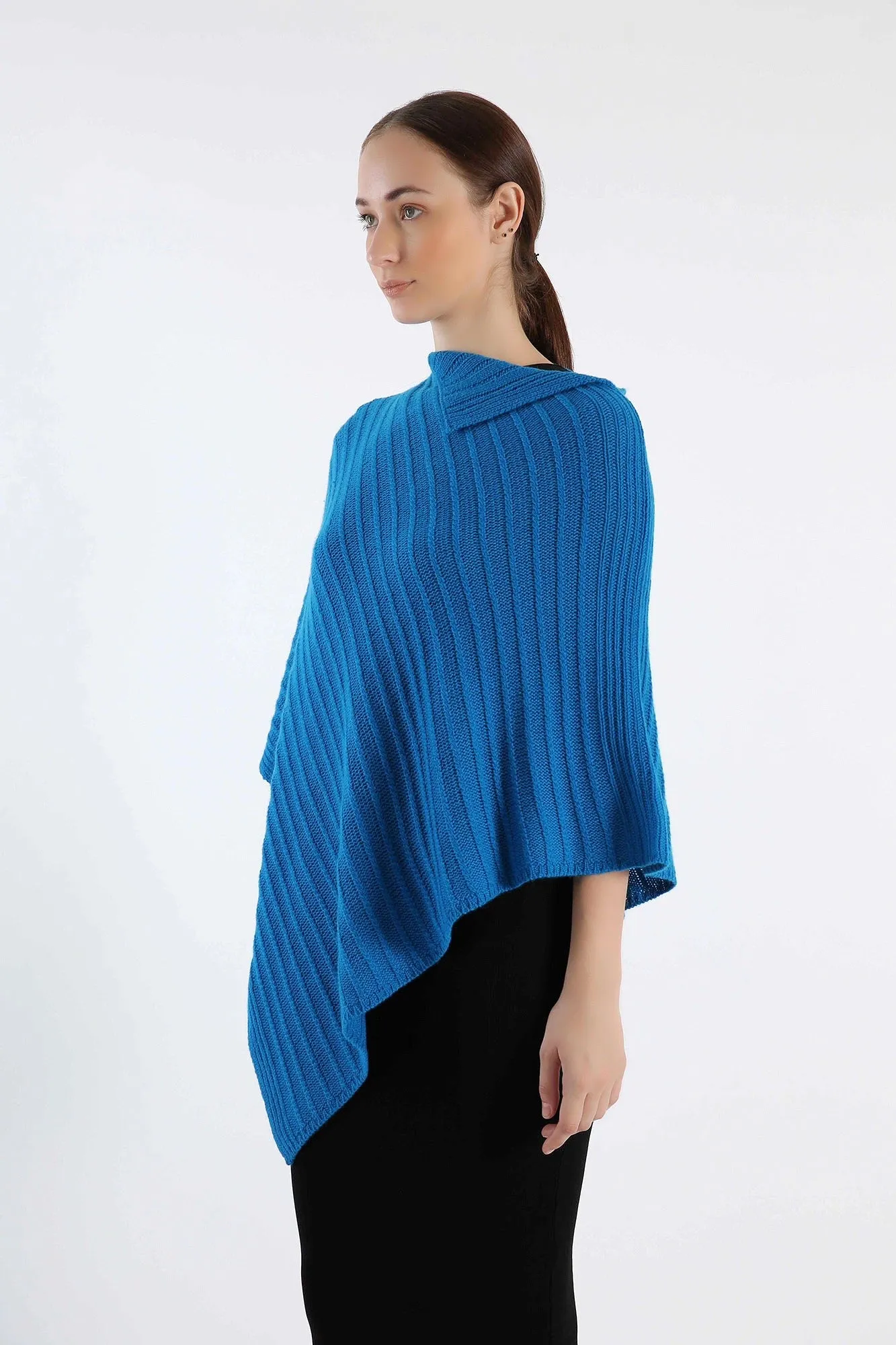 Hand-Knitted Pure Blue Cashmere Poncho