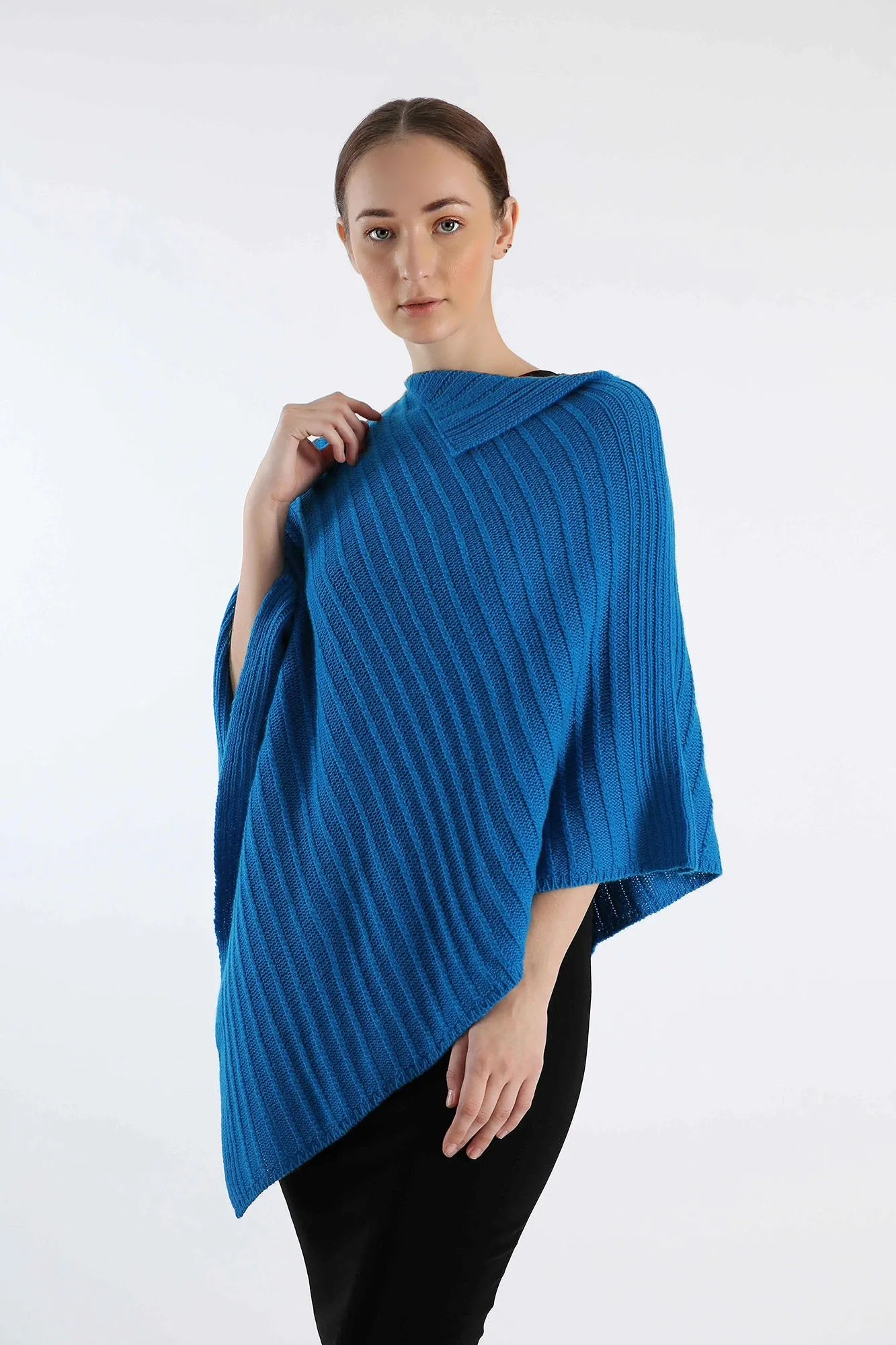 Hand-Knitted Pure Blue Cashmere Poncho