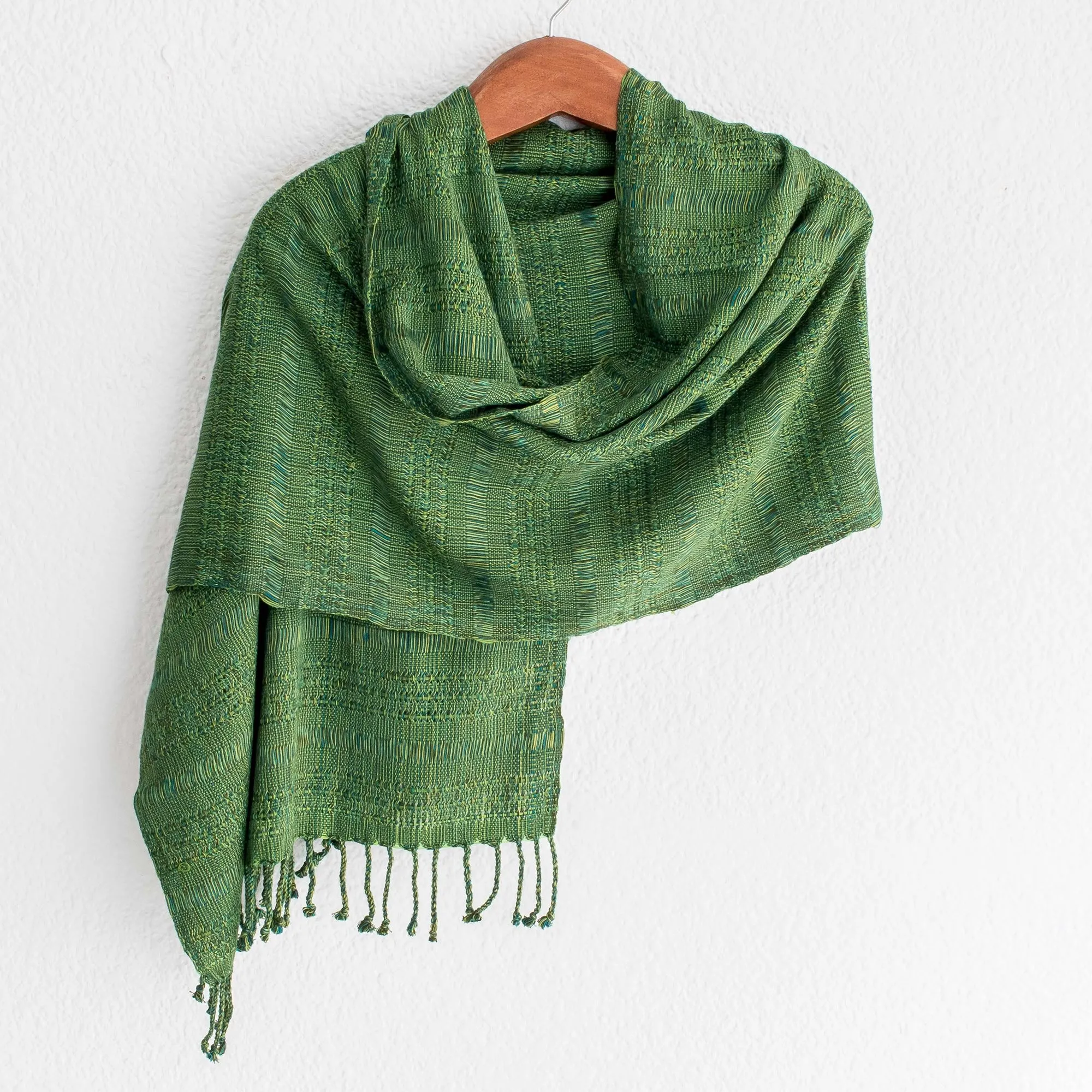 Hand Woven Green Cotton Shawl - Green Spring | NOVICA