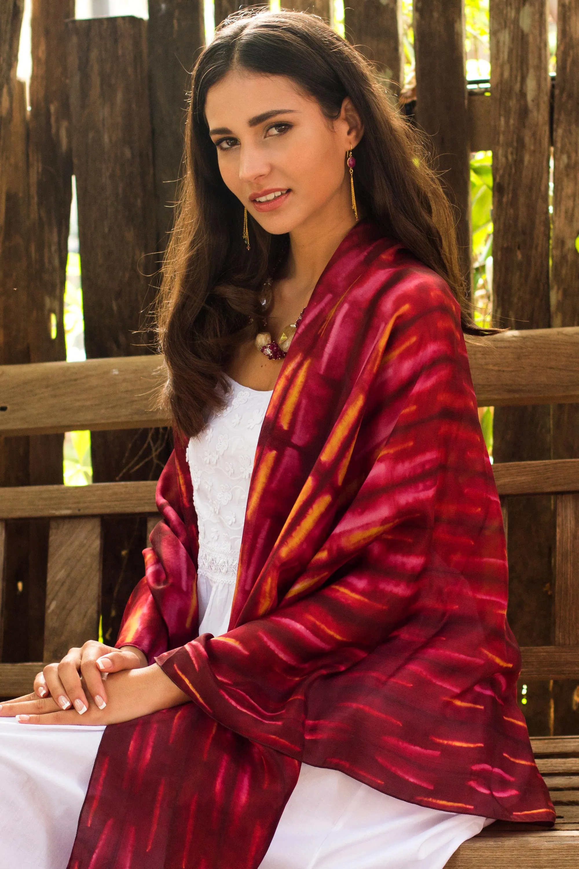 Hand Woven Red Pink and Yellow Tie Dyed Silk Shawl - Mekong River | NOVICA