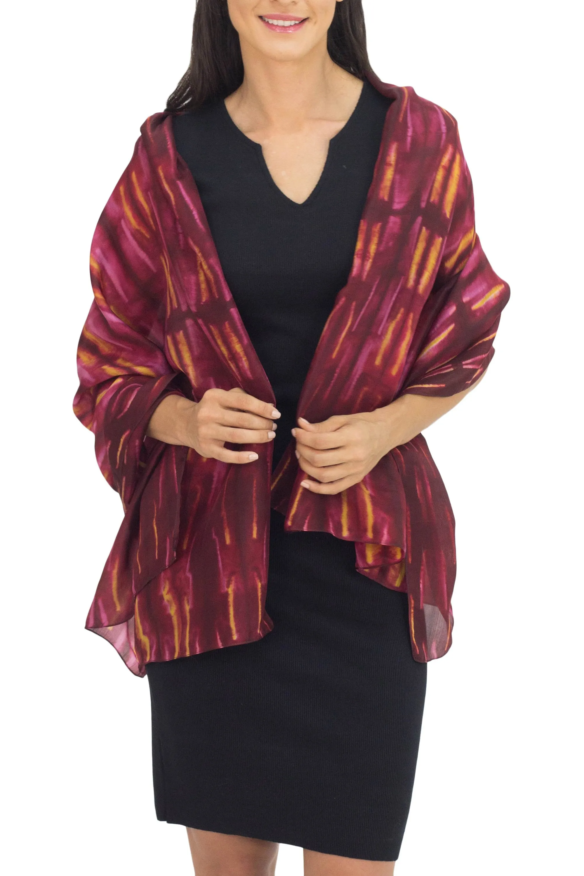 Hand Woven Red Pink and Yellow Tie Dyed Silk Shawl - Mekong River | NOVICA