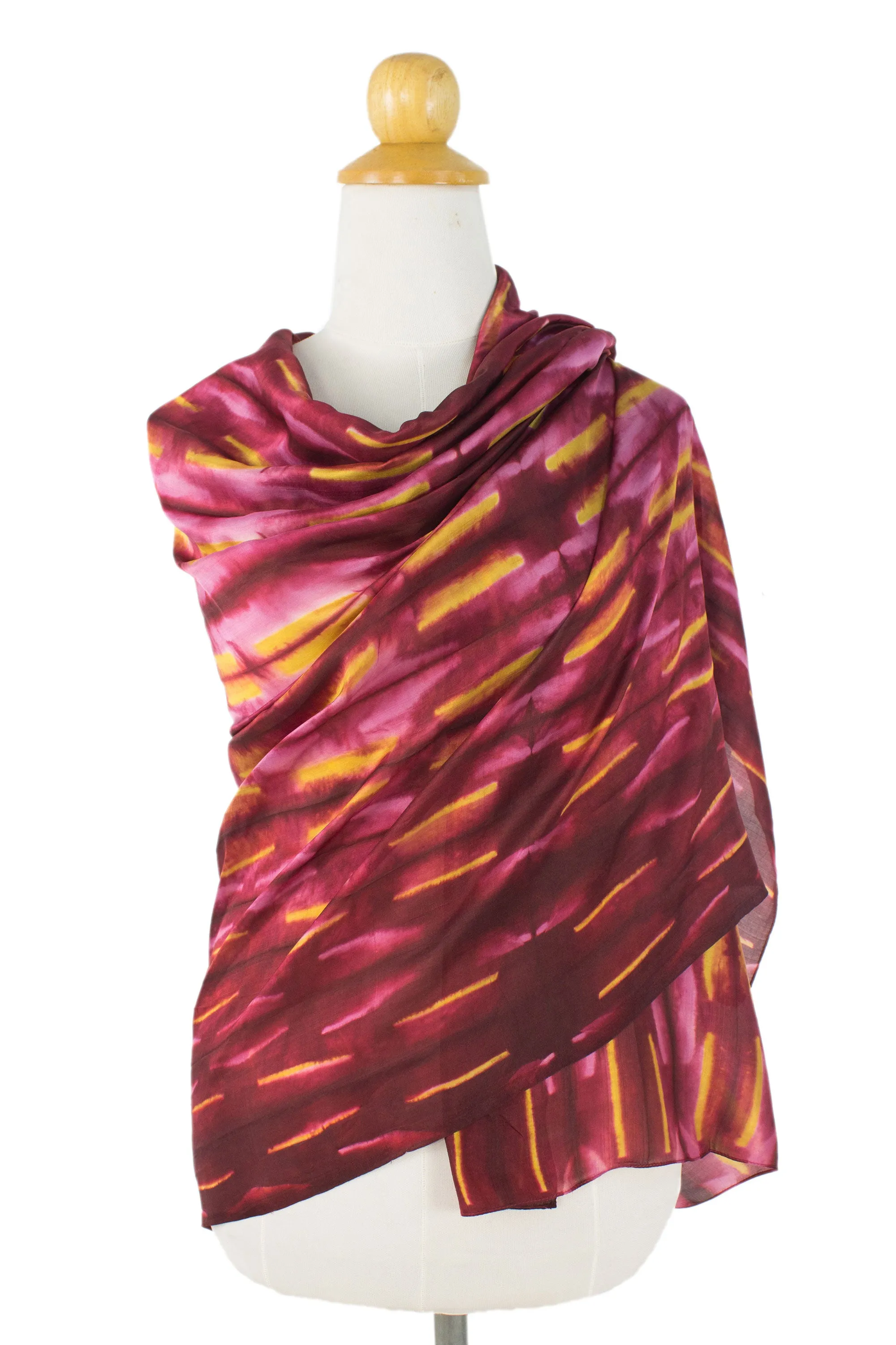 Hand Woven Red Pink and Yellow Tie Dyed Silk Shawl - Mekong River | NOVICA