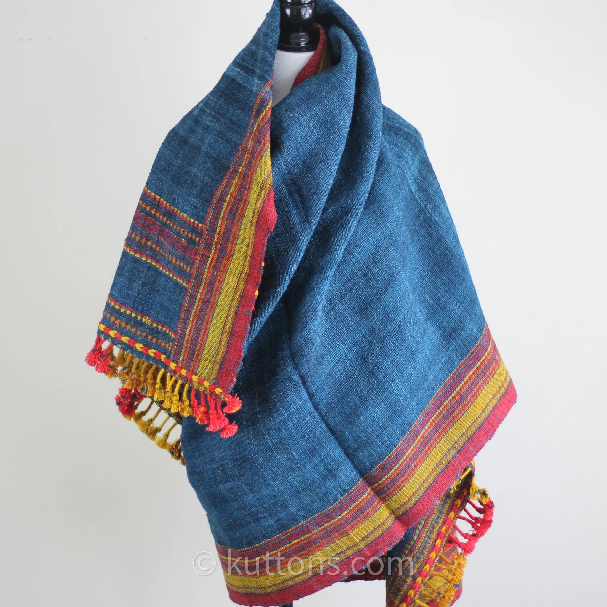 Handspun & Handwoven Multipurpose Ethnic Shawl cum Throw - Sheep Wool | Blue, 37x82"