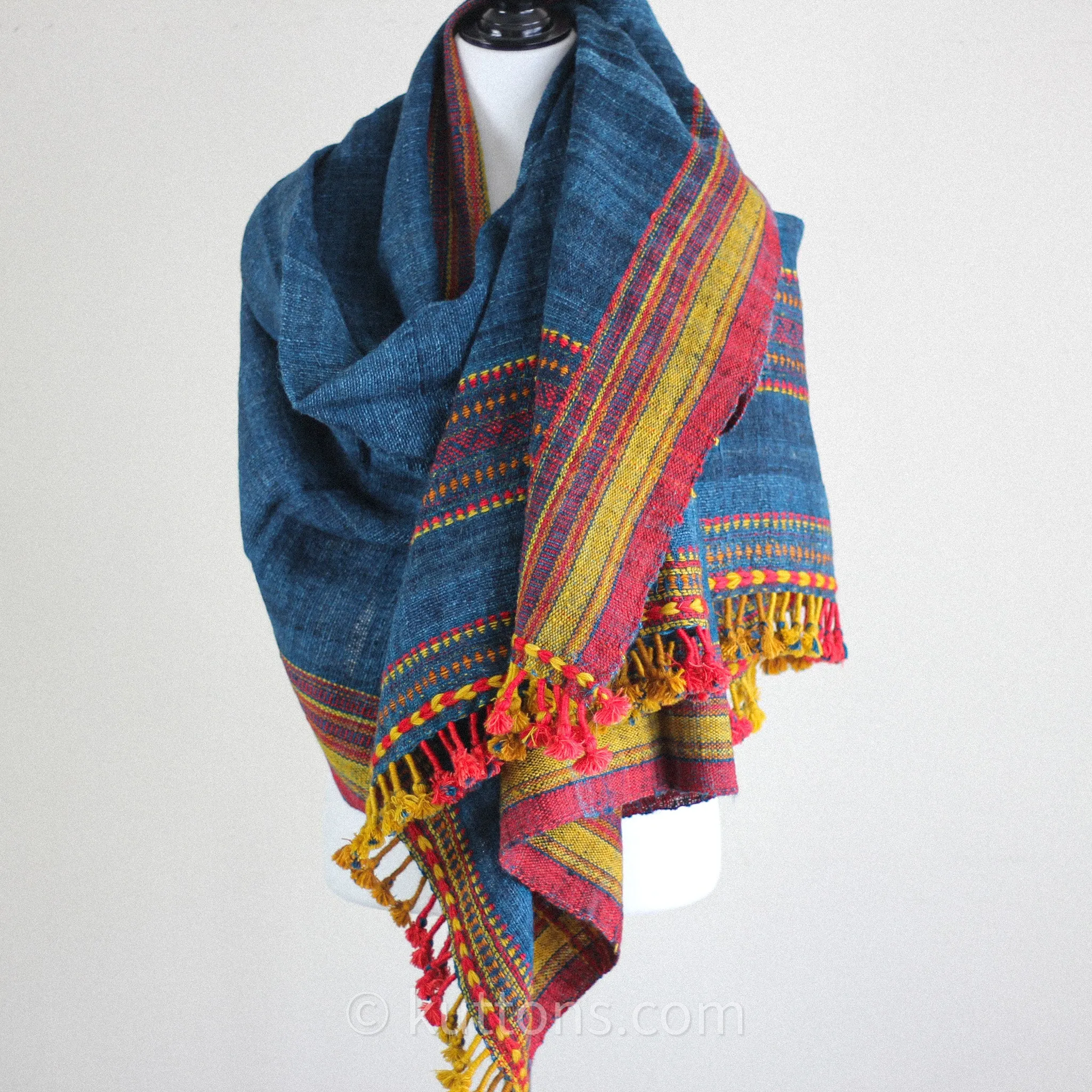 Handspun & Handwoven Multipurpose Ethnic Shawl cum Throw - Sheep Wool | Blue, 37x82"