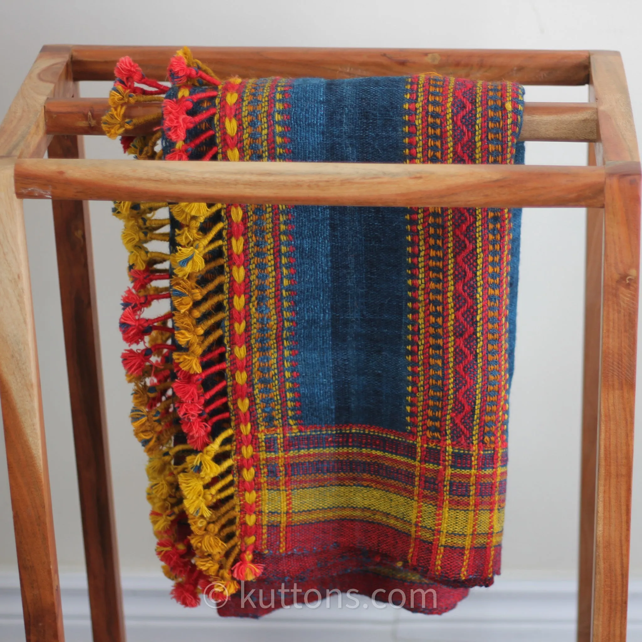 Handspun & Handwoven Multipurpose Ethnic Shawl cum Throw - Sheep Wool | Blue, 37x82"