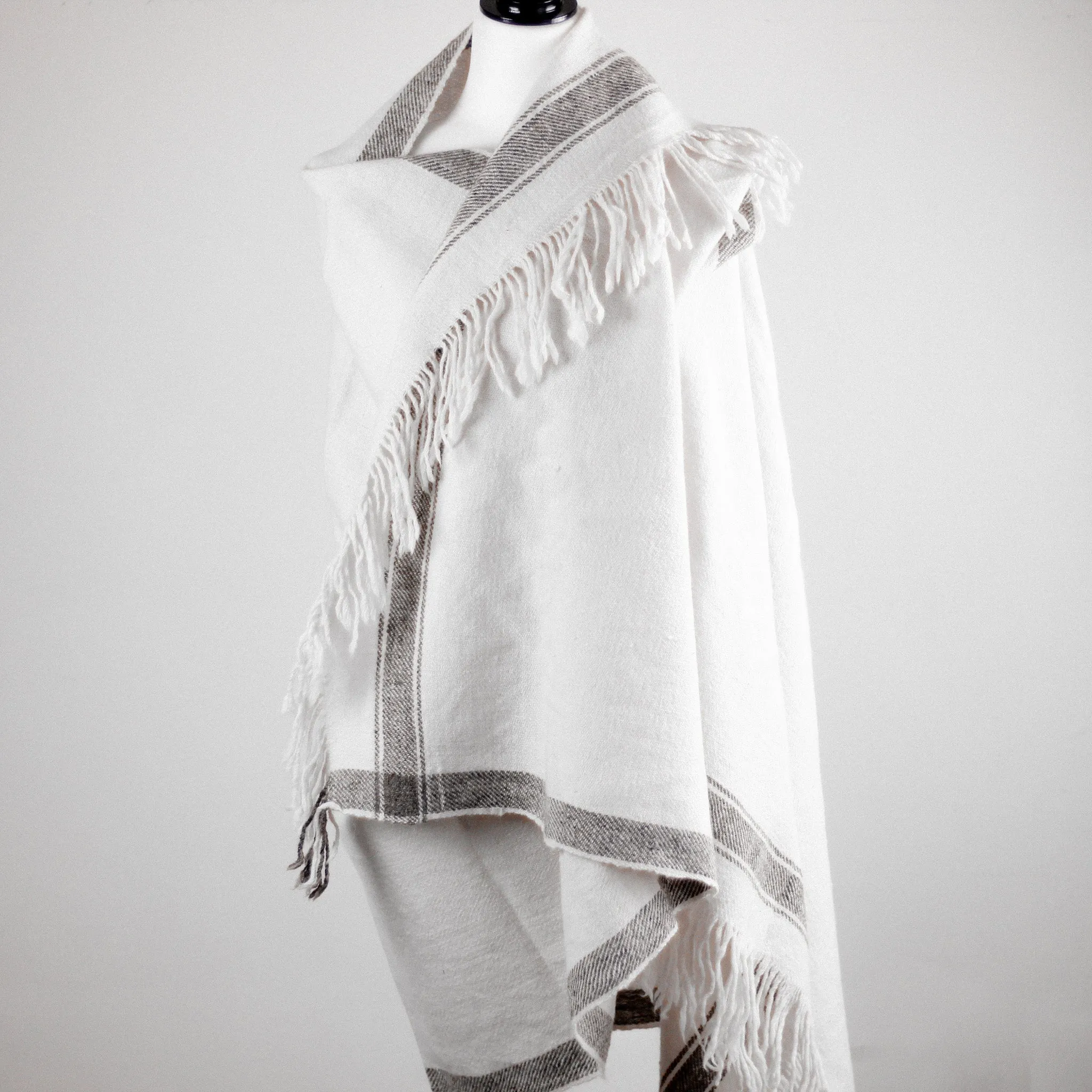 Handwoven Pure Himalayan Sheep Wool Shawl - Rustic Warm Blanket | White-Cream, 39x82"