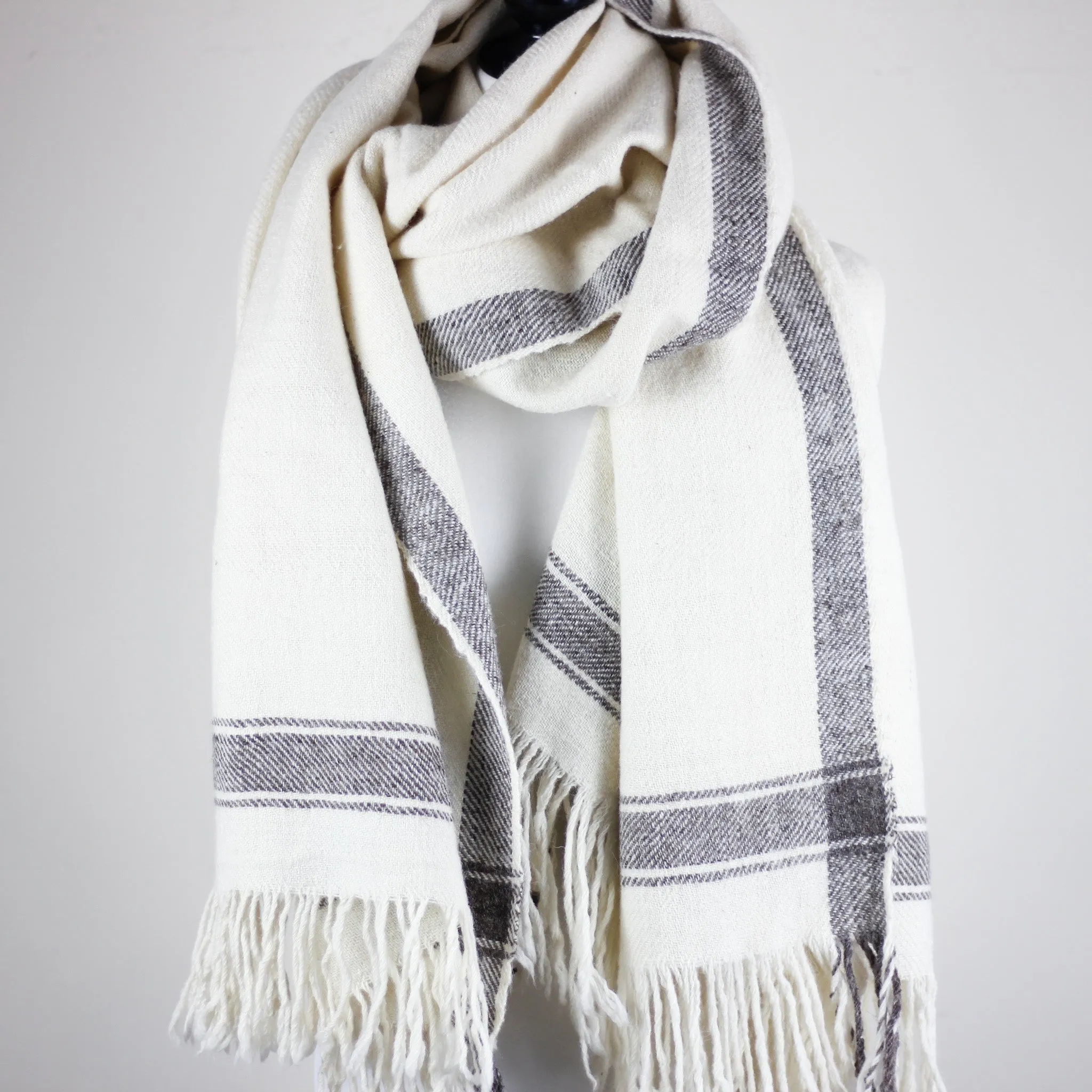 Handwoven Pure Himalayan Sheep Wool Shawl - Rustic Warm Blanket | White-Cream, 39x82"