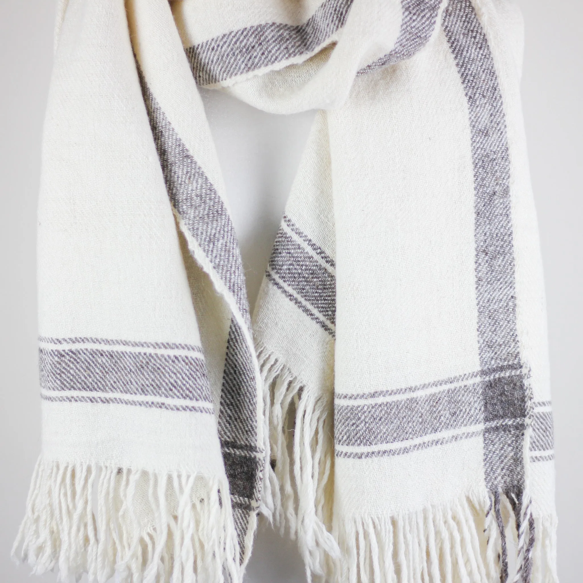 Handwoven Pure Himalayan Sheep Wool Shawl - Rustic Warm Blanket | White-Cream, 39x82"