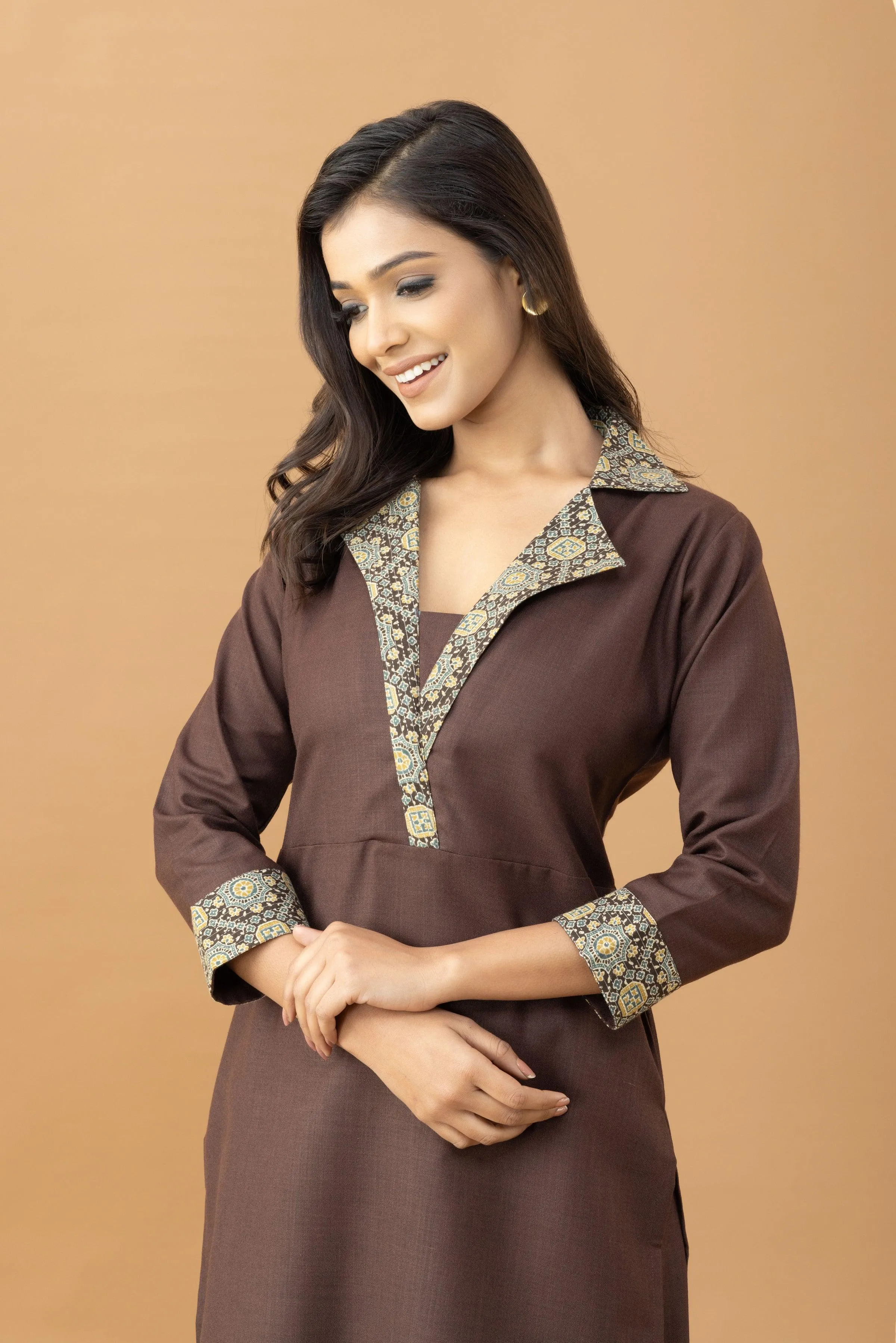 Harsingaar Coffee Ajrakh Coat Collar Kurta Set