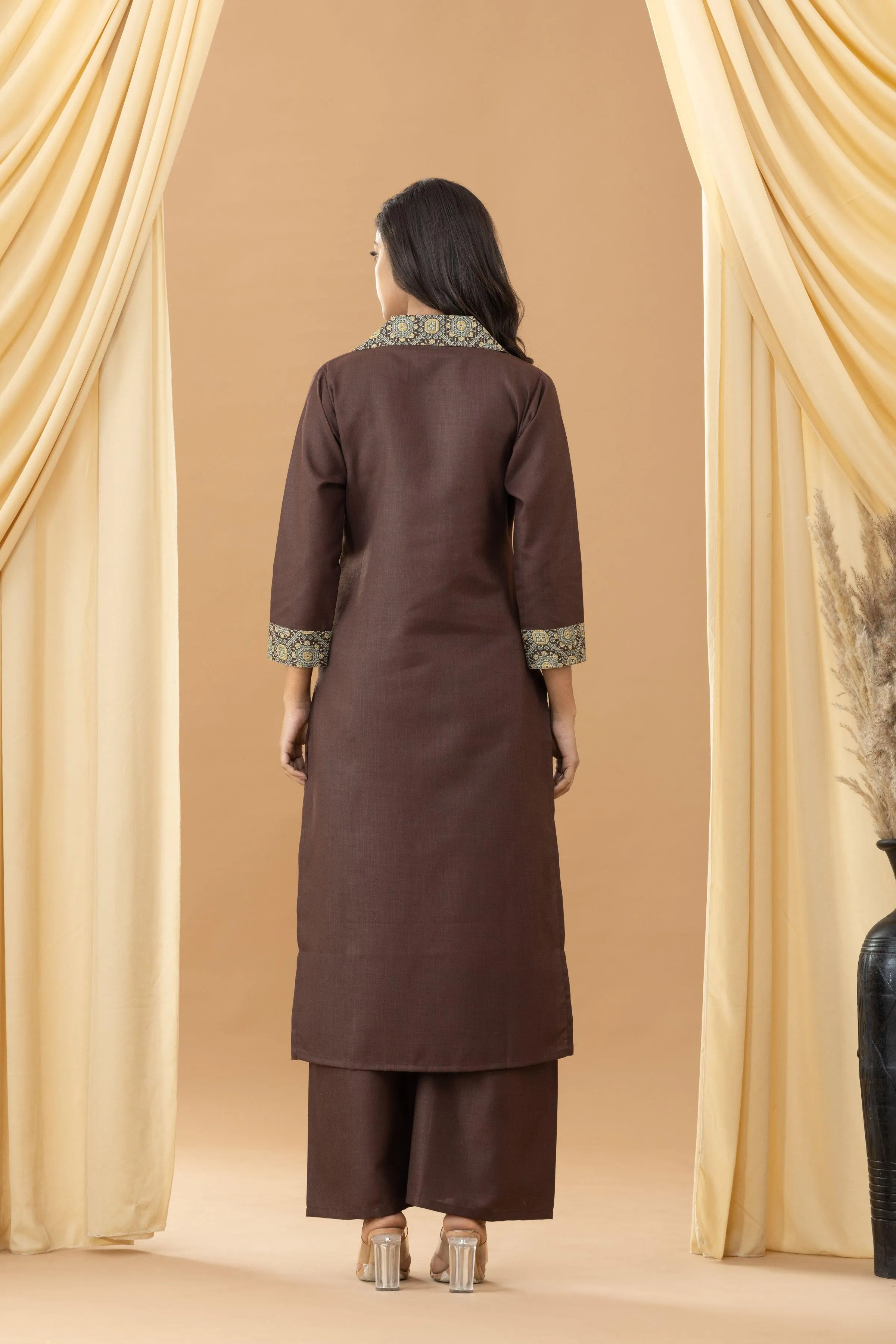 Harsingaar Coffee Ajrakh Coat Collar Kurta Set