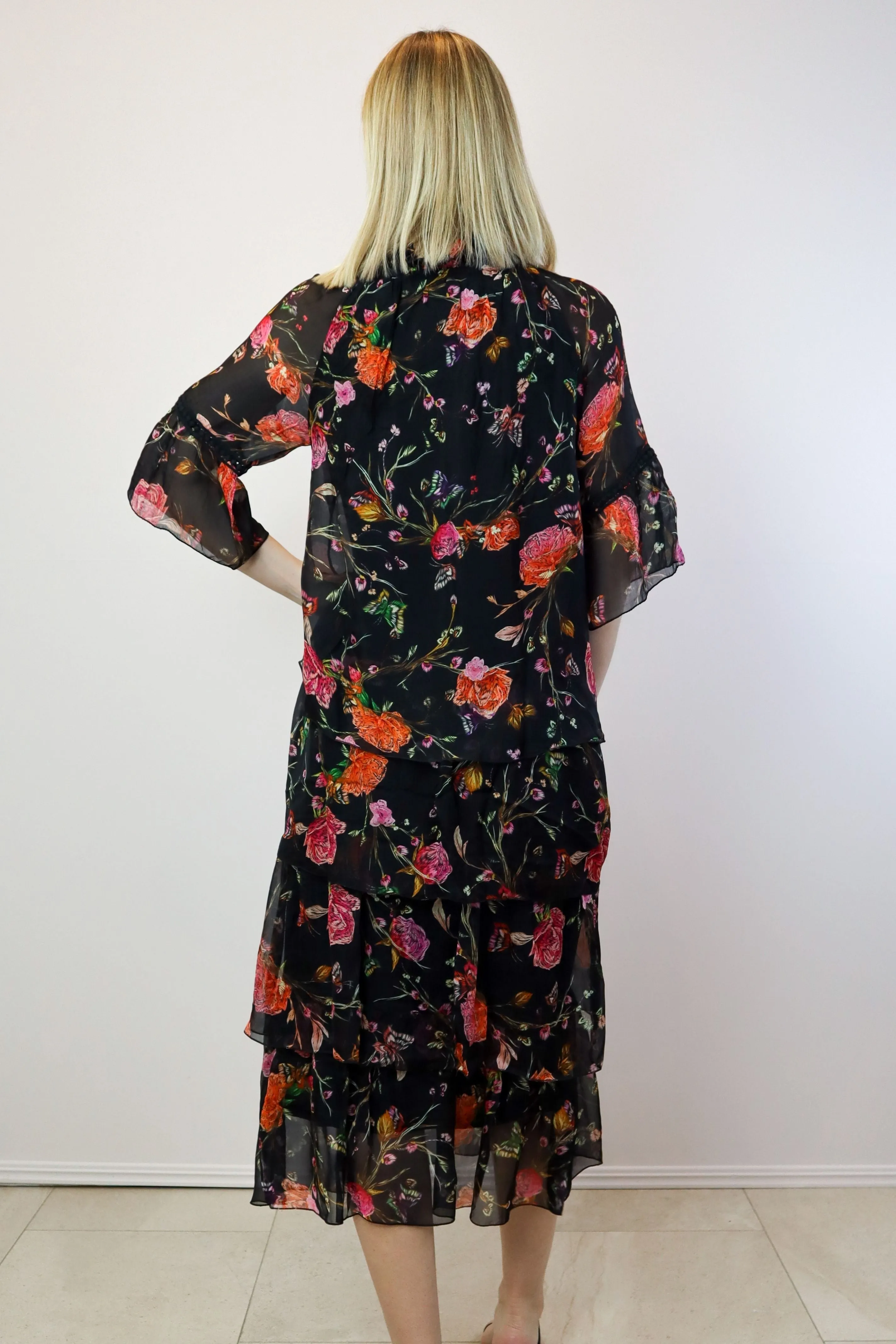 High Frilled Tied Collar Dress - Black/Orange Floral