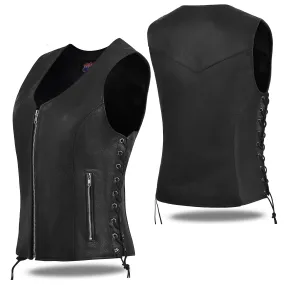 HL14855SPT Black Women's Side Lace Front Zipper leather motorcycle Vest