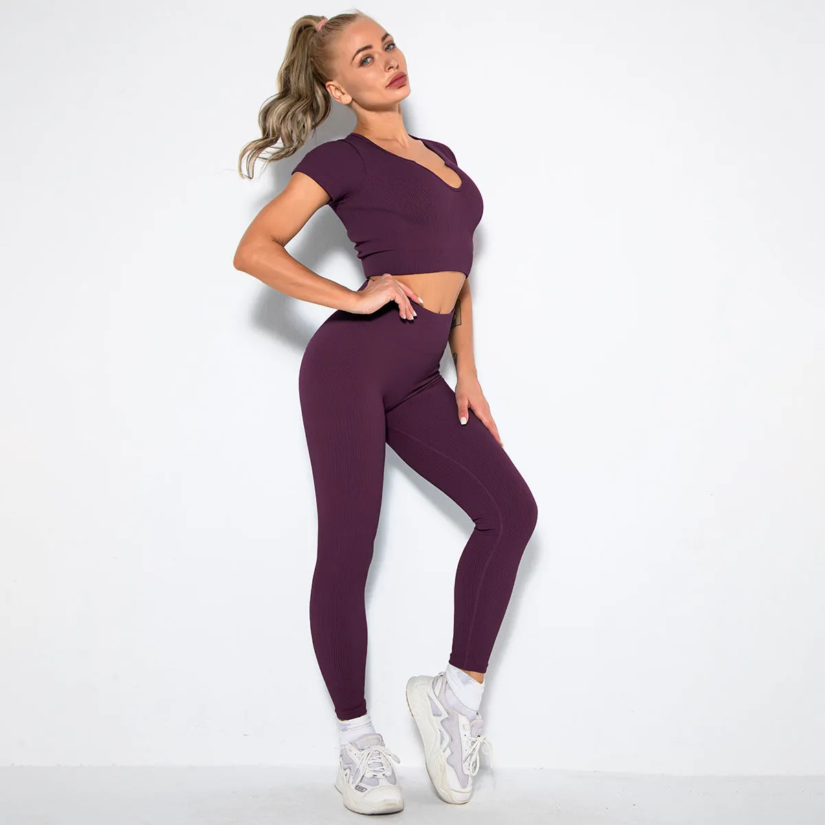 Hzori Sexy Seamless Knitted Thread Sexy Sports Vest Pants Yoga Clothes Fitness Suit Women