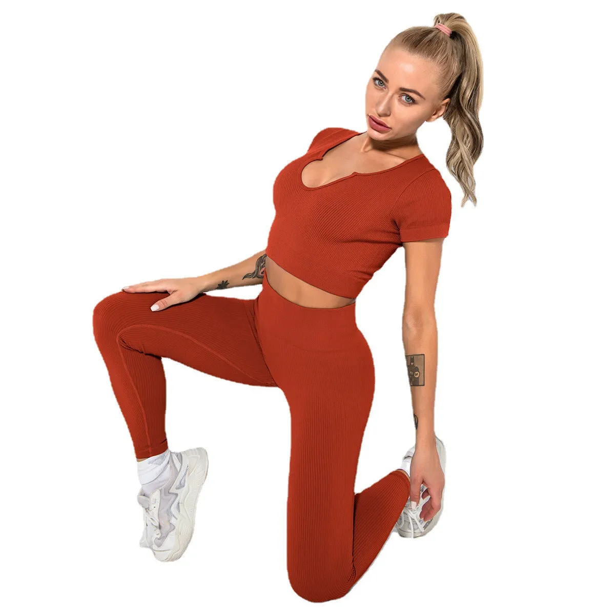 Hzori Sexy Seamless Knitted Thread Sexy Sports Vest Pants Yoga Clothes Fitness Suit Women