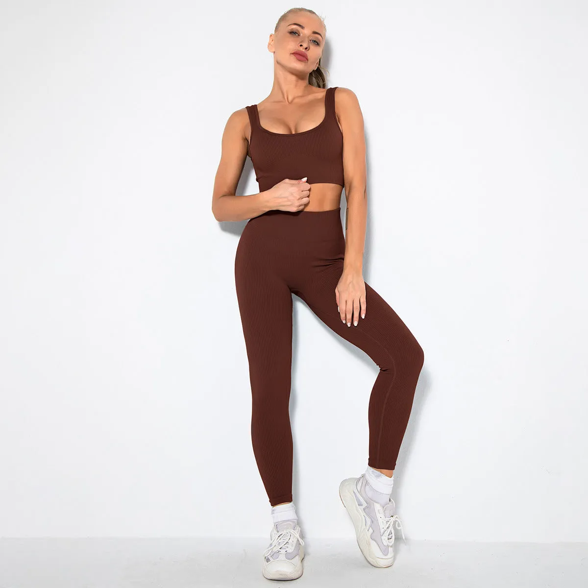 Hzori Sexy Seamless Knitted Thread Sexy Sports Vest Pants Yoga Clothes Fitness Suit Women