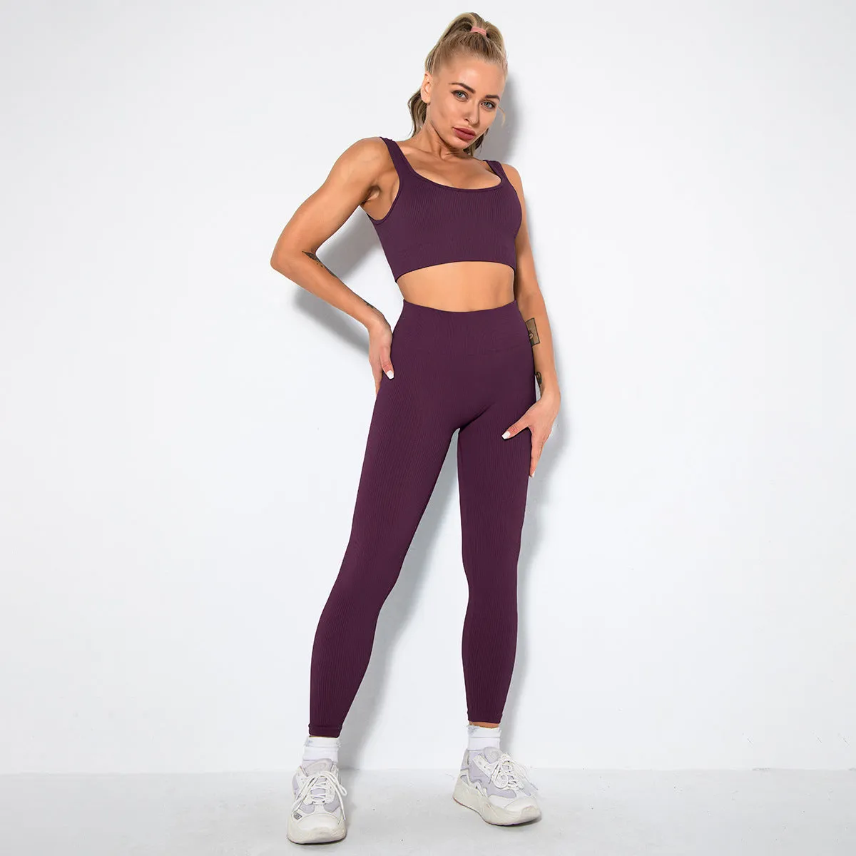 Hzori Sexy Seamless Knitted Thread Sexy Sports Vest Pants Yoga Clothes Fitness Suit Women