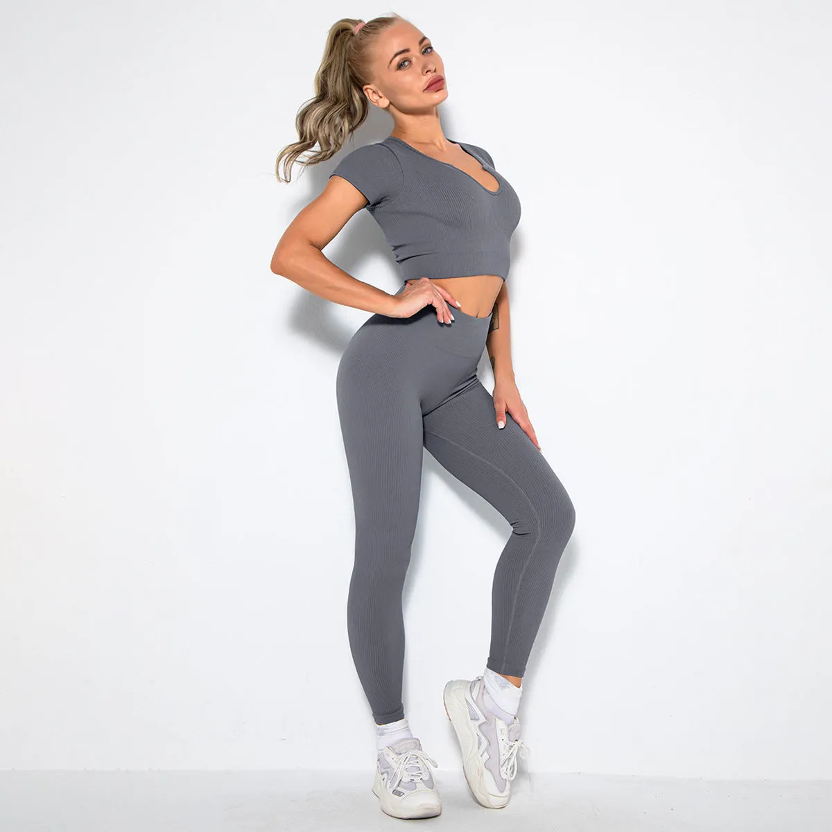 Hzori Sexy Seamless Knitted Thread Sexy Sports Vest Pants Yoga Clothes Fitness Suit Women