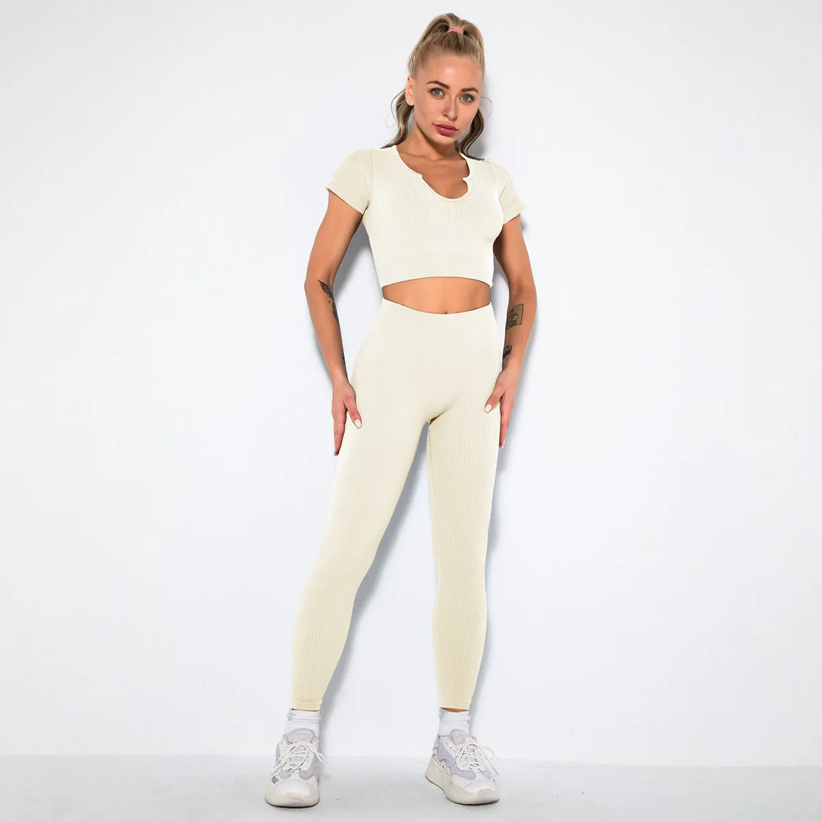 Hzori Sexy Seamless Knitted Thread Sexy Sports Vest Pants Yoga Clothes Fitness Suit Women