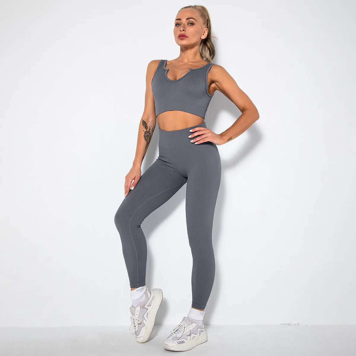 Hzori Sexy Seamless Knitted Thread Sexy Sports Vest Pants Yoga Clothes Fitness Suit Women