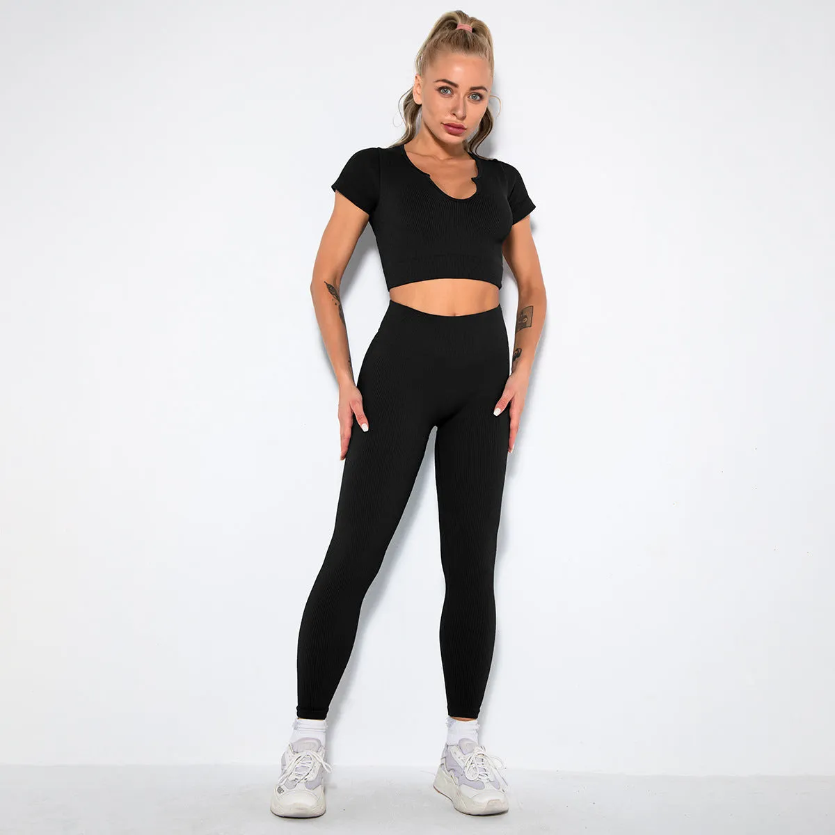 Hzori Sexy Seamless Knitted Thread Sexy Sports Vest Pants Yoga Clothes Fitness Suit Women