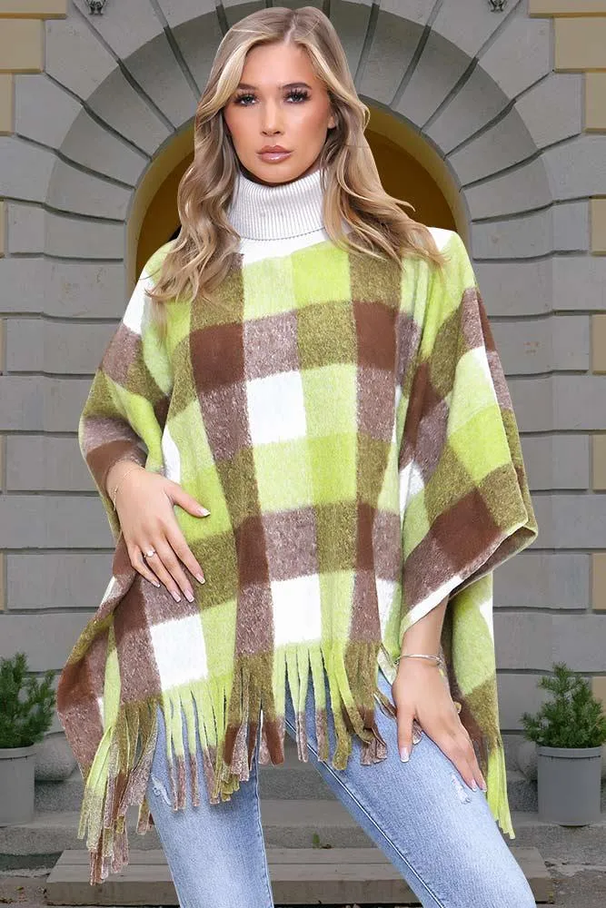 Italian Check Print Roll Neck Tassel Poncho