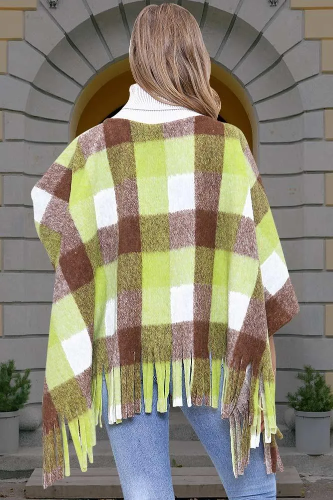 Italian Check Print Roll Neck Tassel Poncho