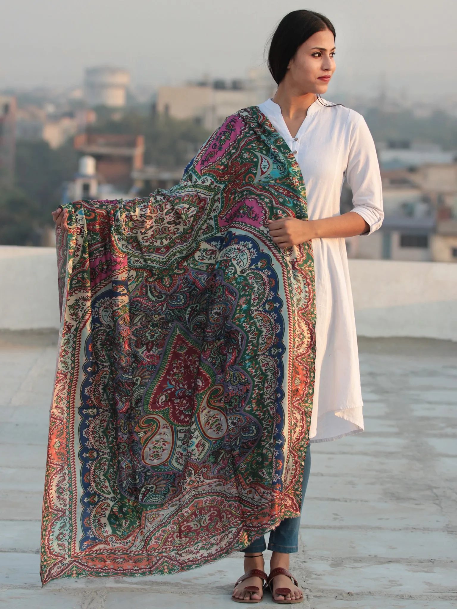 Ivory Multi Color Digital Print Modal Silk Woollen Kashmiri Shawl - S200529