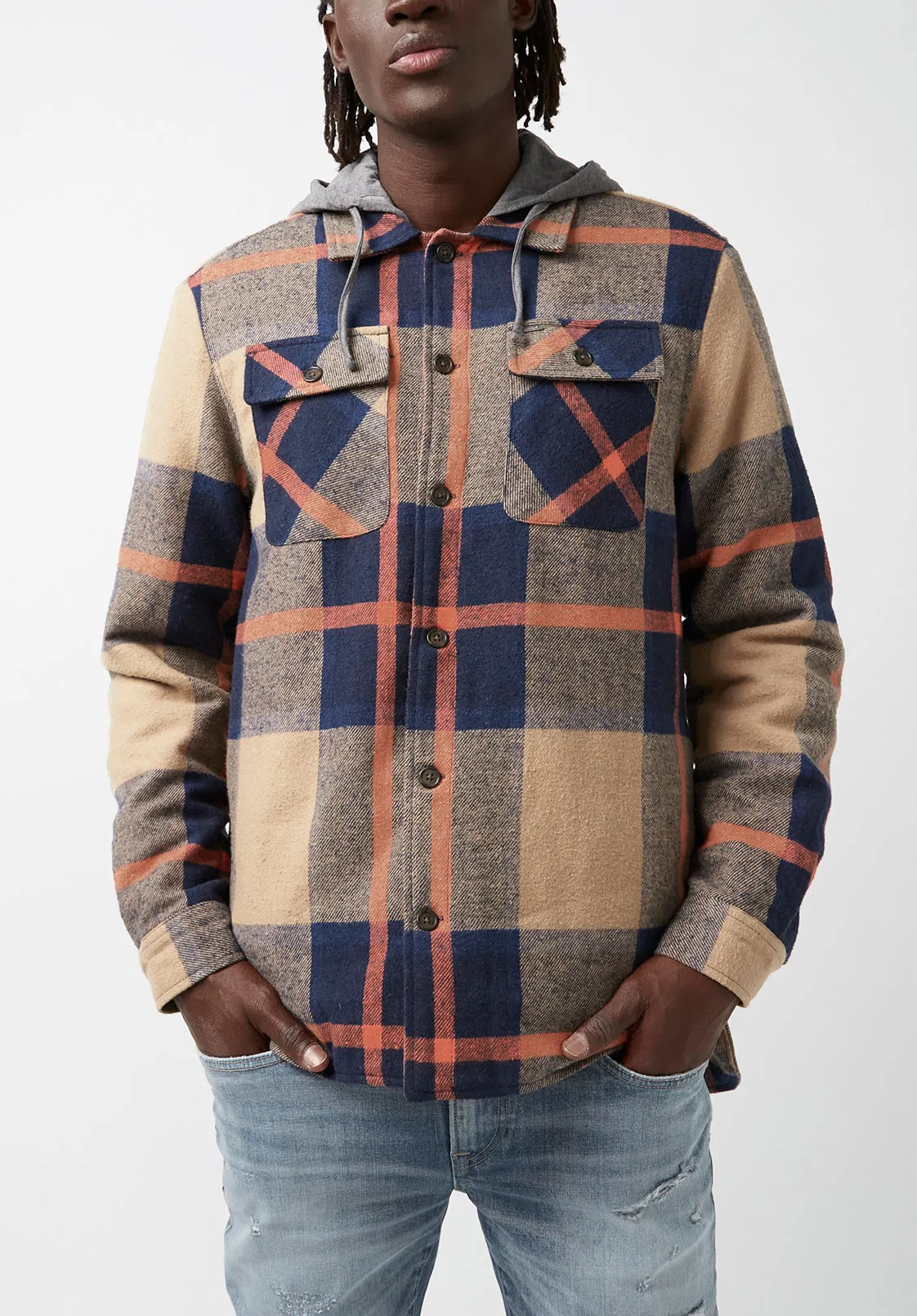 Jiref Men’s Shacket in Tan & Navy Plaid - BM24048