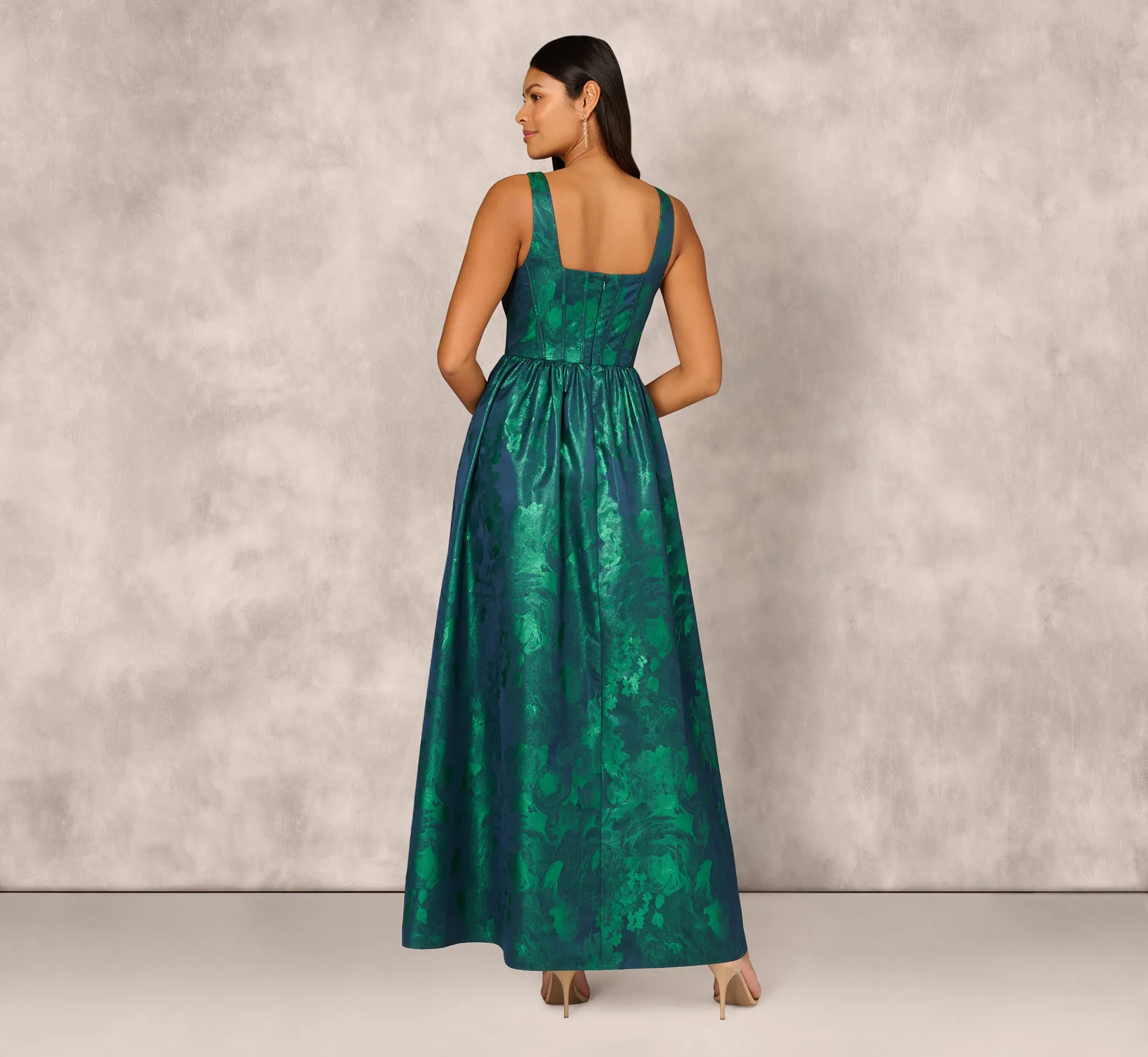 Lame Satin Jacquard Gown With Square Neckline In Dark Ivy