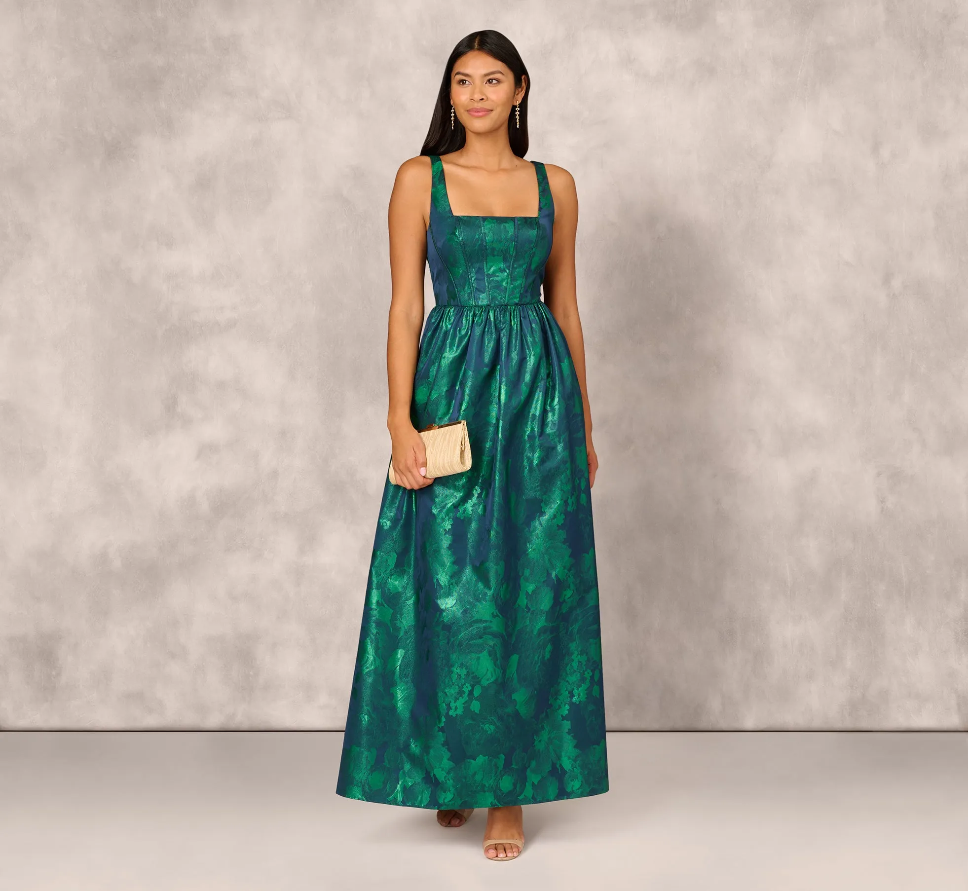 Lame Satin Jacquard Gown With Square Neckline In Dark Ivy