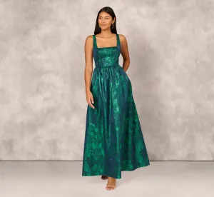 Lame Satin Jacquard Gown With Square Neckline In Dark Ivy